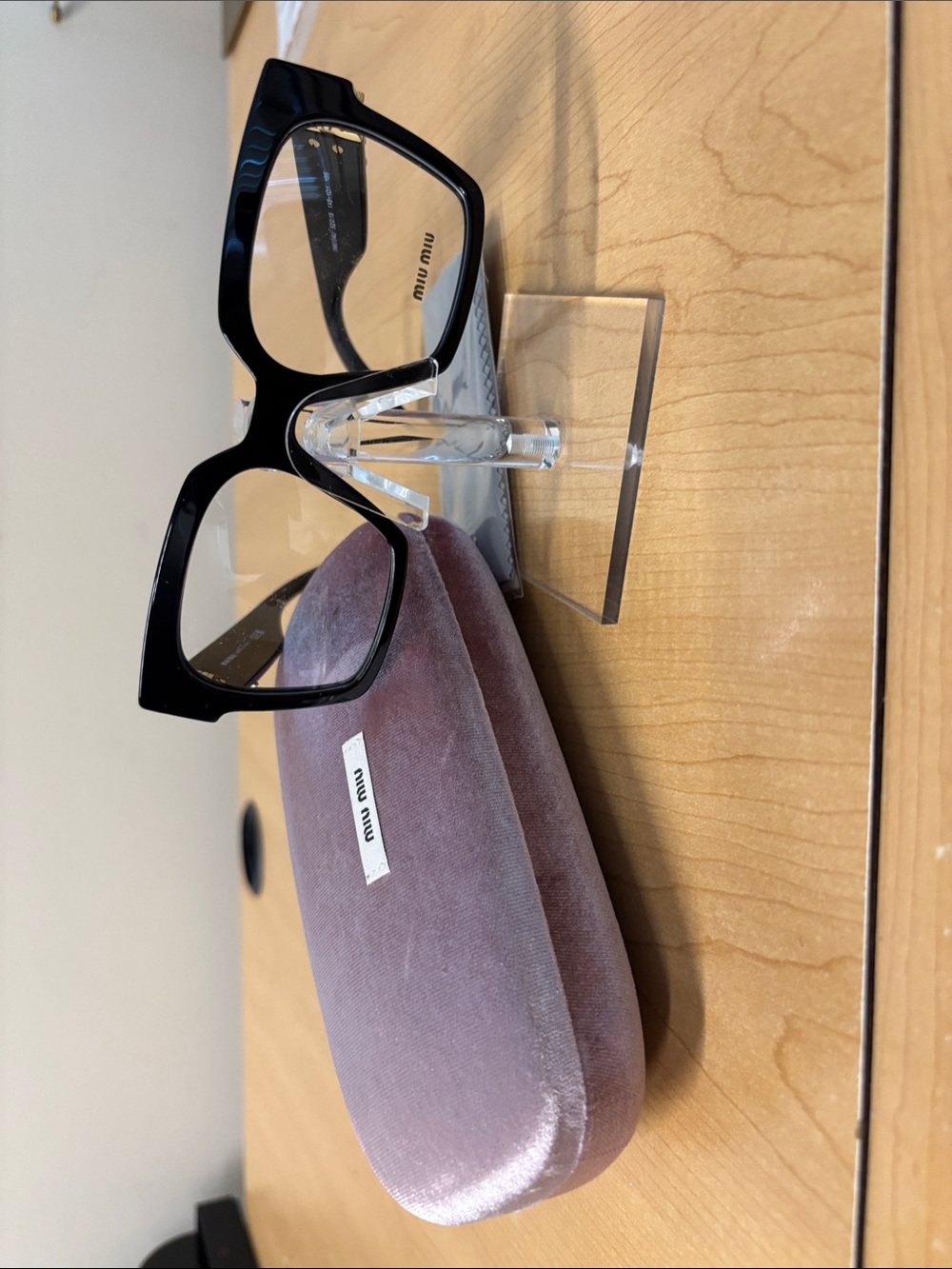 Miu Miu Black Frame Eyewear with Pink Velvet Case